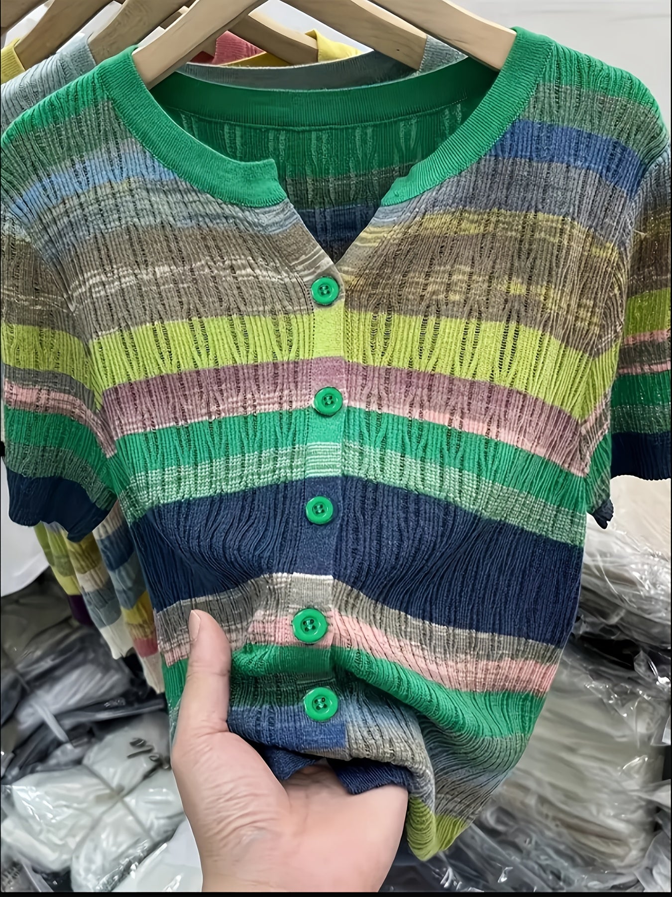 Women's Elegant Rainbow Striped Short Sleeve Cardigan - Breathable Top with Color-Blocking Design, Machine Washable Spring Casual Shirt for Layering, Seasonal Fashion, Colorblock Pattern, Quality Stitching, Buttonup Sweater, Fashion Lovers