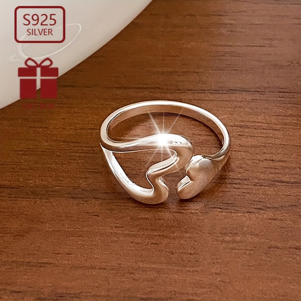 1pc 925 Pure Silvery Adjustable Ring with Hollow Heart Opening Ring Wall Niche Design Jewelry Decoration