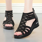 Summer Chic Women's Rhinestone-Embellished Wedge Sandals - Open Toe, Breathable Cut-Out Design, Comfortable Thick Sole, Fashionable Outdoor Shoes with Back Zipper Closure, Black, High Heel Sandals