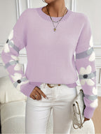 Floral Pattern Round Neck Sweater, Cute Drop Shoulder Long Sleeve Sweater For Fall & Winter, Women's Clothing