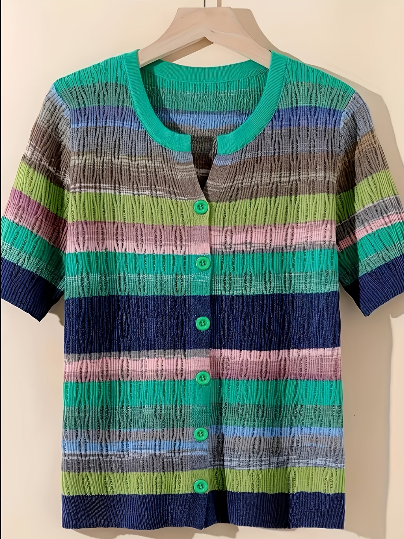 Women's Elegant Rainbow Striped Short Sleeve Cardigan - Breathable Top with Color-Blocking Design, Machine Washable Spring Casual Shirt for Layering, Seasonal Fashion, Colorblock Pattern, Quality Stitching, Buttonup Sweater, Fashion Lovers
