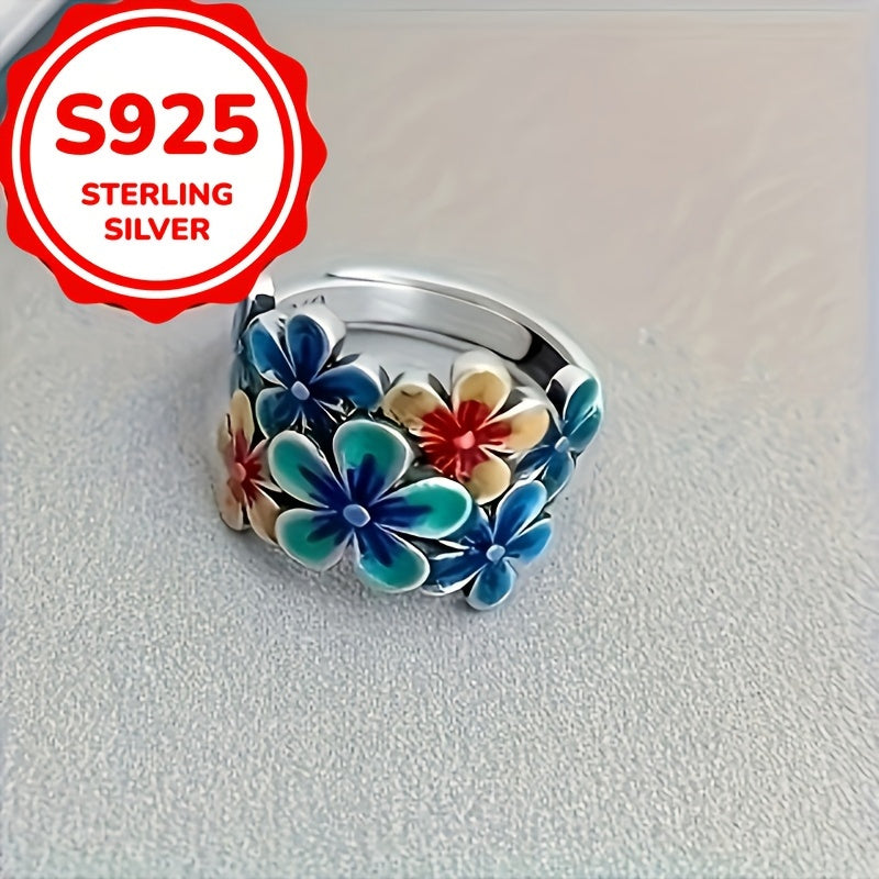 Bohemian Style 925 Sterling Silvery Floral Ring, Suitable for Women, Vintage Ethnic Handmade Jewelry, Suitable for Daily Wear, Four Seasons Applicable
