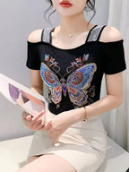 Elegant Off-Shoulder Butterfly Rhinestone Top - High Stretch Mesh, Short Sleeve, Double Layer Design, Vibrant Floral & Butterfly Pattern, Women's Fashion for Summer