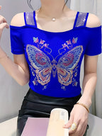 Elegant Off-Shoulder Butterfly Rhinestone Top - High Stretch Mesh, Short Sleeve, Double Layer Design, Vibrant Floral & Butterfly Pattern, Women's Fashion for Summer