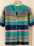 Women'S Casual Rainbow Striped Short Sleeve Cardigan - Comfortable Polyester Knit, Breathable & Stylish, Round Neck, Summer Top, Casual Summer Top|Striped Cardigan|Knit Construction, Ladies Cardigan