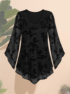 Women's Floral Print V-Neck Blouse with 3\u002F4 Flared Sleeves - Double-Layer Elastic Mesh, Loose Fit Flowy Tunic Top for Casual & Work, Spring\u002FSummer Semi-Sheer Shirt, Ladies Blouses