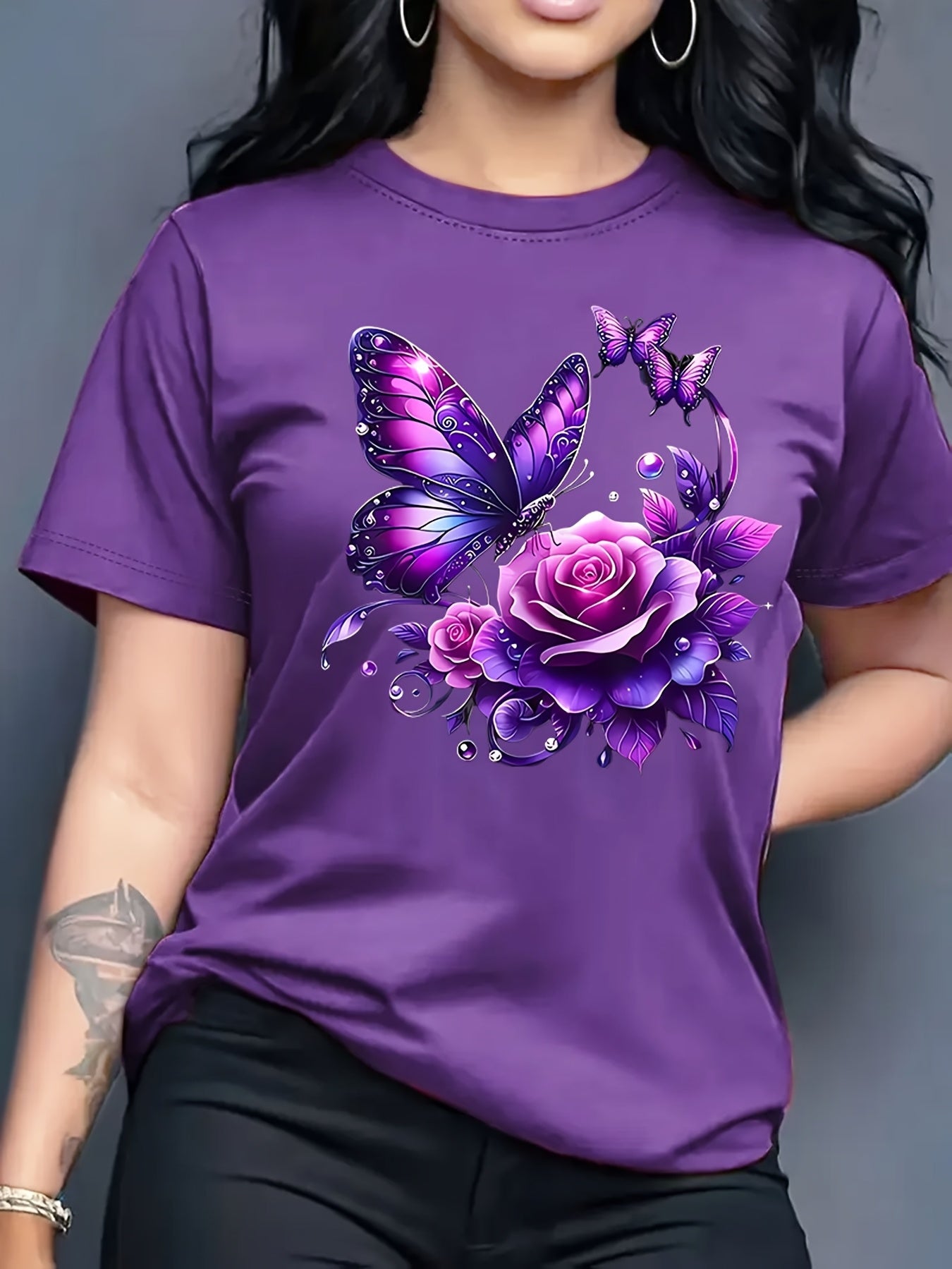 Women'S Casual Crew Neck T-Shirt with Purple Rose and Butterfly Graphic Print, Short Sleeve Regular Length Top for Spring and Summer, Ideal Birthday or Holiday Gift, Ladies T Shirts