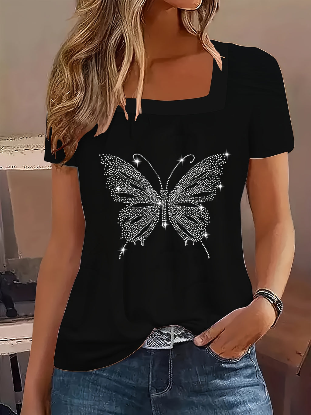 Stylish Women's Square Neck Shiny Rhinestone T-Shirt with Large Butterfly Appliqu¨¦, Trendy and Elegant Blouse for Ladies