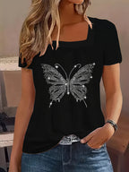 Stylish Women's Square Neck Shiny Rhinestone T-Shirt with Large Butterfly Appliqu¨¦, Trendy and Elegant Blouse for Ladies