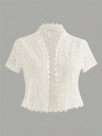 Elegant White Lace Contrast Cardigan - Short Sleeve, Stand Collar, Open Front Jacket for Women | Perfect for Spring\u002FSummer Parties & Casual Wear, Party Wear Cardigan | Lace Detailing | Constructio