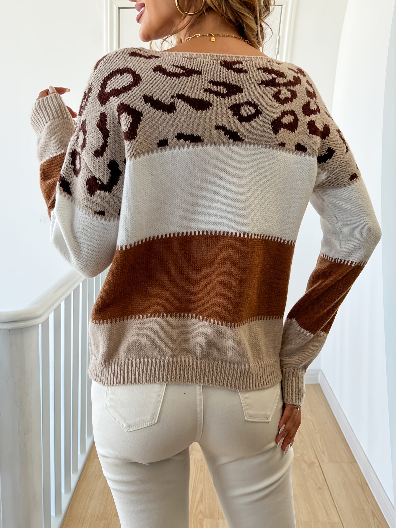 1pc Women'S Color Block Leopard Print Pullover Sweater, Acrylic Knit Long Sleeve Round Neck Top for Autumn\u002FWinter