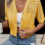 Women'S Elegant Yellow Cardigan with Button Front - V-Neck, Short Sleeve, Medium Stretch, Perfect for Spring & Fall, Casual Cardigan|Vneck Design| Constructio