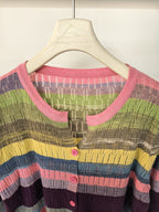 Lightweight, Women'S Long Sleeve Knit Cardigan - Vibrant Rainbow Striped Design, Button-Up, Casual Beach Vacation Style, Spring\u002FSummer Collection, Loose Fit, Polyester Blend, Casual Wear | Vibrant Striped Pattern | Knit Construction, Beach Clothes