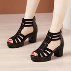 Women'S Stylish Black Strappy Sandals with Chunky Heels - Perfect for Summer, Casual & Formal Wear, Zip Closure, Rubber Sole, Synthetic Insole, Fabric Upper, Fashionable Footwear | Strappy Sandals | Comfortable Footwear