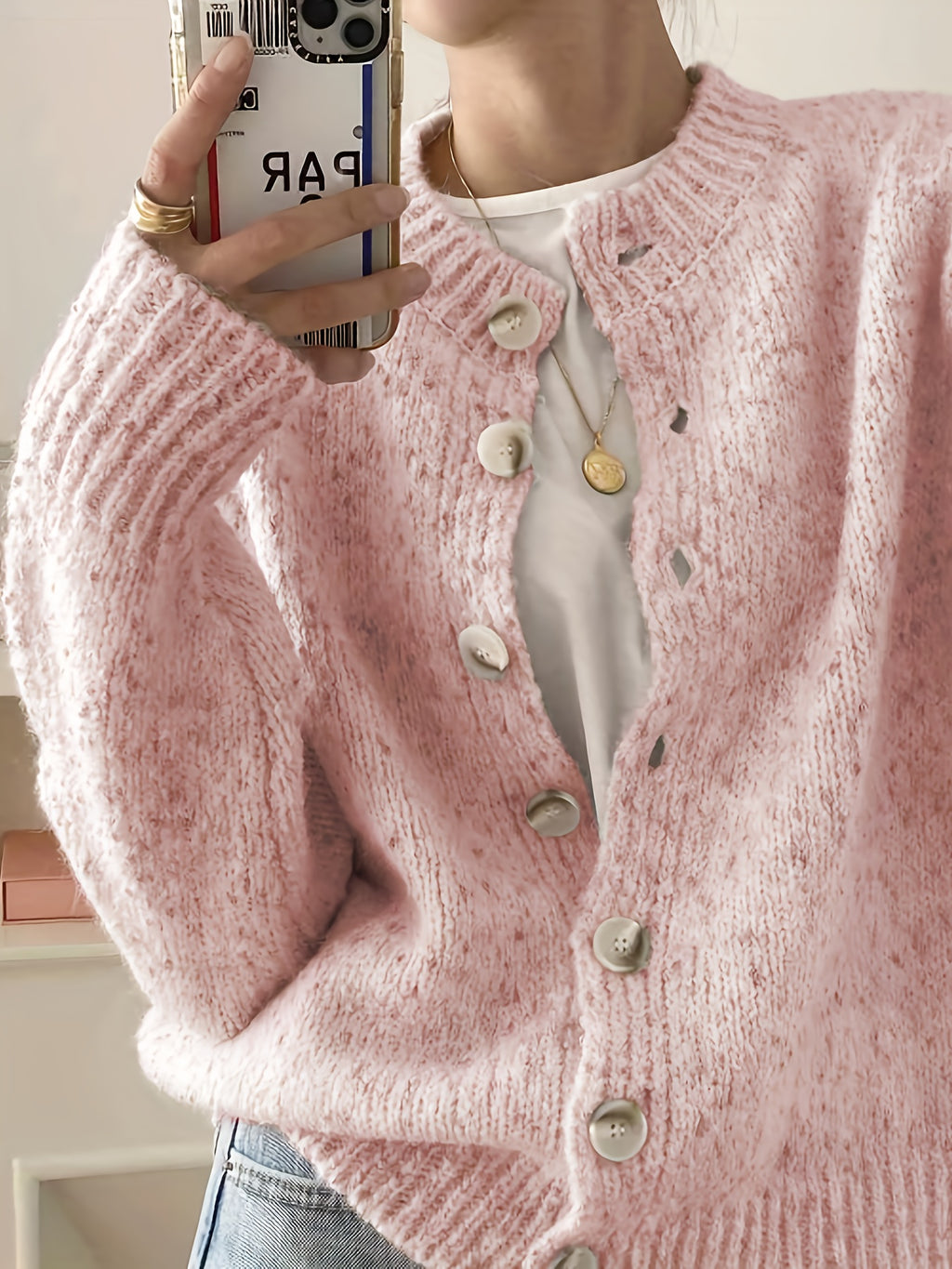 Rachel Women's Elegant Stretchy Camo Button Cardigan - High Elasticity Round Neck Spring\u002FFall Sweater with Decorative Buttons, Hand Wash\u002FDry Clean, Casual to Dressy Outfits, Classic Sweater for Ladies, Outfit Enhancer, Textured, Durable