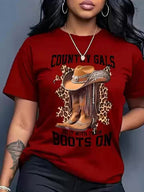 Women's Casual Short Sleeve T-Shirt - Western Cowboy Hat & Leopard Print Design with \
