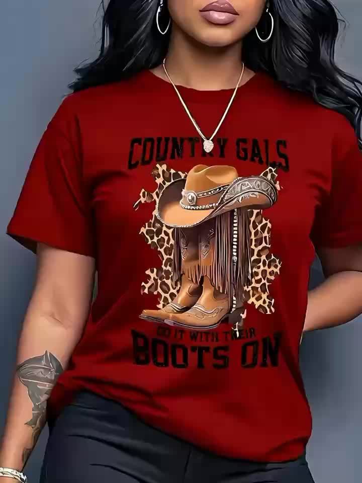 Women's Casual Short Sleeve T-Shirt - Western Cowboy Hat & Leopard Print Design with \