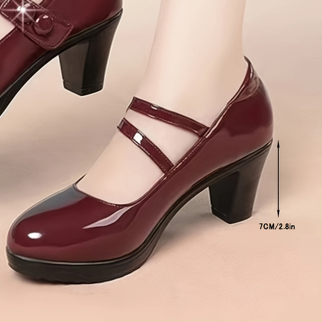 Women's Red Synthetic Cover Pumps - Round Toe, Chunky Heel, Double Buckle Straps, Glossy Finish, All-Season Fashion Dress Shoes
