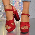 Women'S Stylish Red High-Heel Sandals with Buckle Closure - Elegant Block Heel, Open Toe Design, Perfect for Summer and All Seasons, Fashionable Footwear|Elegant Heel Sandals|Durable Footwear