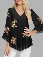 Women's Floral Print V-Neck Blouse with 3\u002F4 Flared Sleeves - Double-Layer Elastic Mesh, Loose Fit Flowy Tunic Top for Casual & Work, Spring\u002FSummer Semi-Sheer Shirt, Ladies Blouses