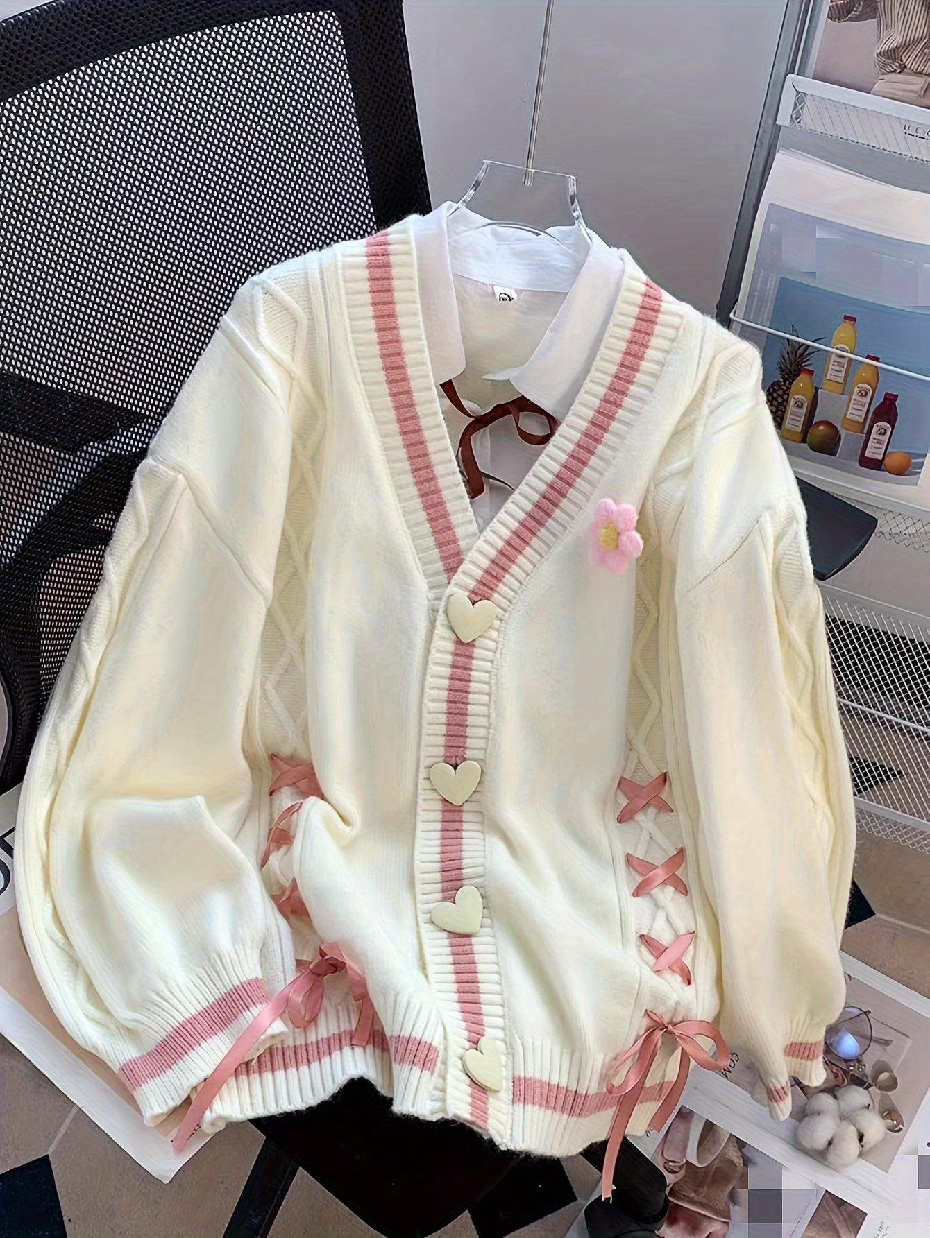 Women'S V-Neck Cardigan with Color Block Design, Acrylic Blend Knit Sweater, with Button Details and Drawstring for All Seasons