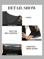 Women's Floral Print V-Neck Blouse with 3\u002F4 Flared Sleeves - Double-Layer Elastic Mesh, Loose Fit Flowy Tunic Top for Casual & Work, Spring\u002FSummer Semi-Sheer Shirt, Ladies Blouses