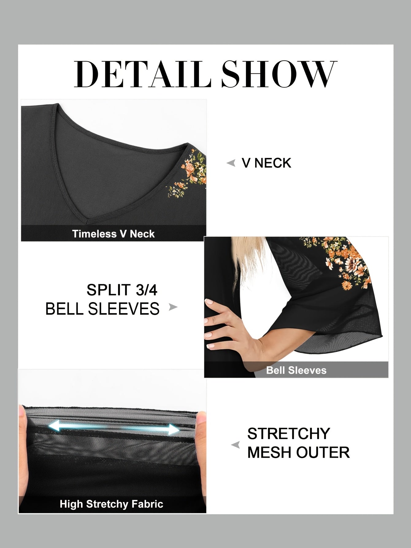 Women's Floral Print V-Neck Blouse with 3\u002F4 Flared Sleeves - Double-Layer Elastic Mesh, Loose Fit Flowy Tunic Top for Casual & Work, Spring\u002FSummer Semi-Sheer Shirt, Ladies Blouses