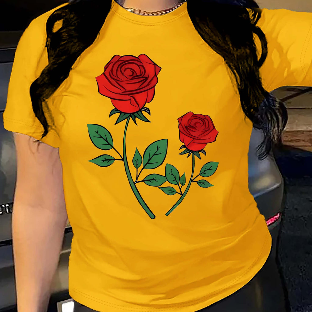 Rose Print Crew Neck T-Shirt, Casual Short Sleeve Top For Spring & Summer, Women's Clothing