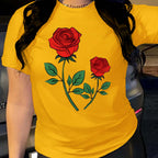 Rose Print Crew Neck T-Shirt, Casual Short Sleeve Top For Spring & Summer, Women's Clothing