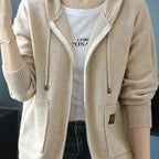 Women's Beige Hooded Cardigan Sweater - Slim Fit Zip-Up Front with Open Collar, Long Sleeve Ribbed & Side Pockets for Spring\u002FFall Transitional Weather, Casual to Professional Outfits, Sweater Cardigan, Casual Attire, Fitted Fashion, Textured Fabric