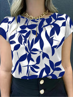 Women'S Casual Blue Floral Print Short Sleeve Blouse - Ruched Bust, Crew Neck, Relaxed Fit for Spring\u002FSummer, Weekend Attire, Casual Wear|Floral Print Top|Ruched Detailing