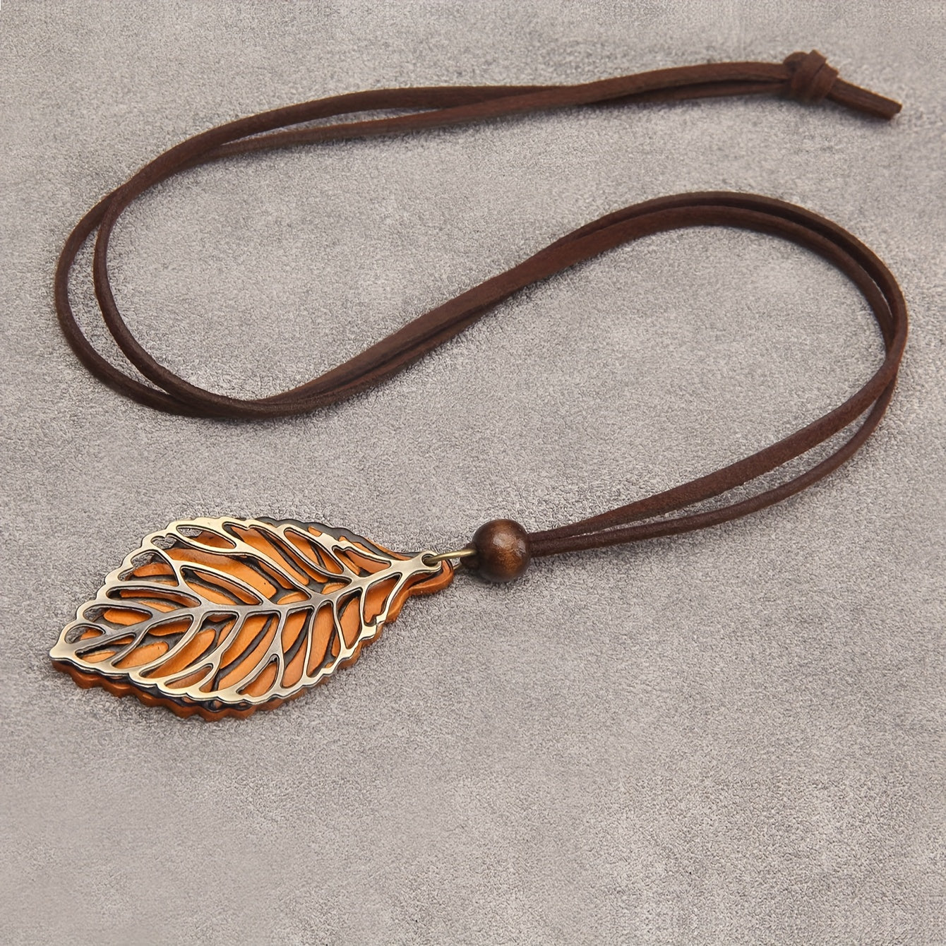 Boho-Chic Vintage Faux Leather & Alloy Leaf Pendant Necklace - Perfect Gift for Parents, Teachers