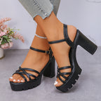 Women's High Heels with Buckle, Thick Heel, Comfortable and Fashionable Casual Shoes
