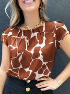 Women'S Casual Blue Floral Print Short Sleeve Blouse - Ruched Bust, Crew Neck, Relaxed Fit for Spring\u002FSummer, Weekend Attire, Casual Wear|Floral Print Top|Ruched Detailing