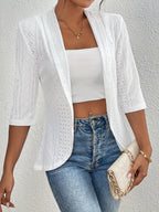 Women's Elegant Open-Front Cardigan - Solid White, Half Sleeve, Eyelet Embroidery, Lightweight Knit, Spring\u002FFall Fashion Jacket, Lightweight Cardigan
