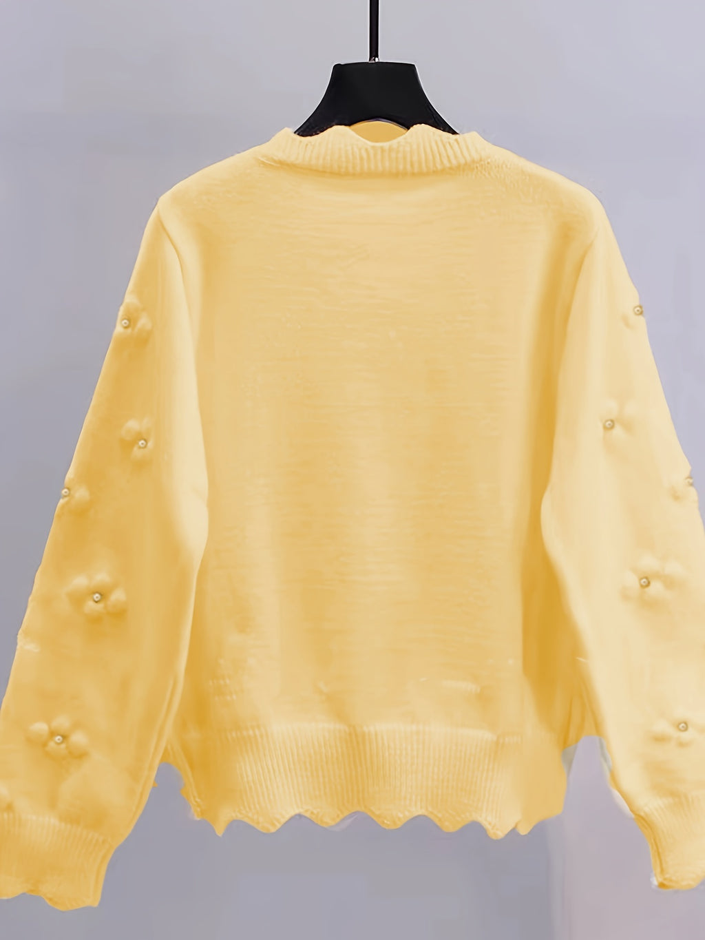 Women's Fashion Knit Cardigan, Round Neck, Embellished 3D Floral, Long Sleeve, Wavy Hem, Solid Color, Polyester, Regular Length, Button Detail, Elegant Style, Autumn\u002FWinter Season
