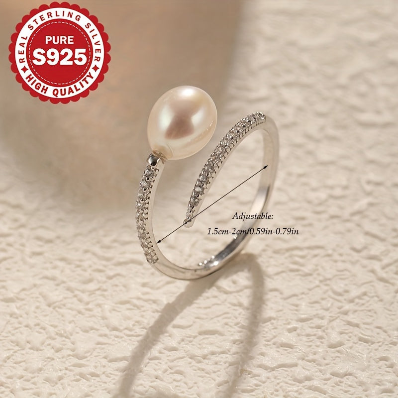 1 Adjustable Freshwater Freshwater Pearls Open Ring, S925 Sterling Silvery Oval Flawless Adjustable Open U-Shaped Ring, Hypoallergenic 2.4g, Suitable for Multiple Occasions