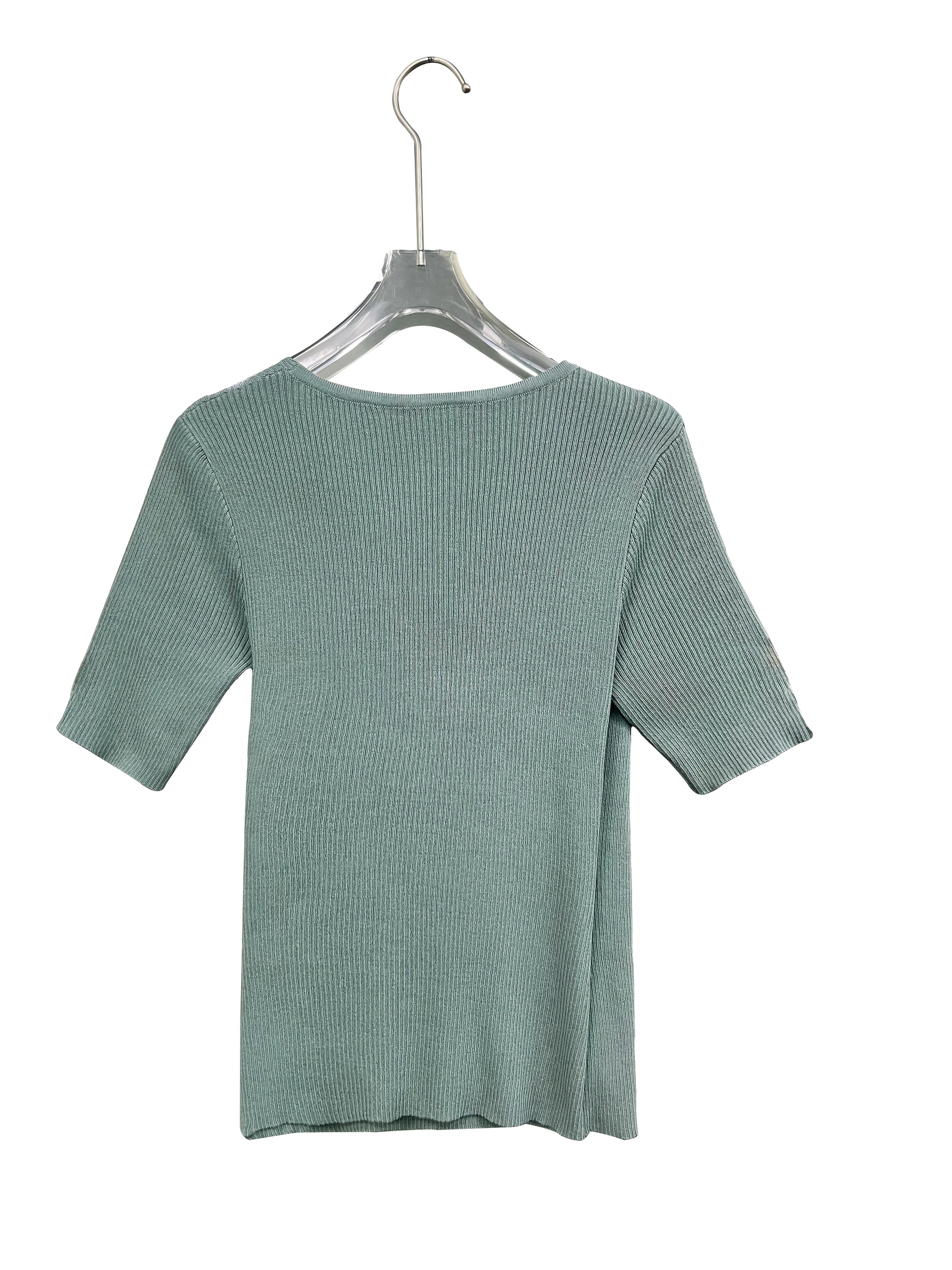 Elegant V-Neck Top for Women - Chic Half Sleeve Sweater Blouse with Fake Buttons, Ribbed Texture, Perfect for Spring\u002FSummer Casual Wear, Elegant Attire | Stylish Ribbed | Construction