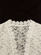 Elegant White Lace Contrast Cardigan - Short Sleeve, Stand Collar, Open Front Jacket for Women | Perfect for Spring\u002FSummer Parties & Casual Wear, Party Wear Cardigan | Lace Detailing | Constructio