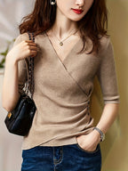 Elegant V-Neck Top for Women - Chic Half Sleeve Sweater Blouse with Fake Buttons, Ribbed Texture, Perfect for Spring\u002FSummer Casual Wear, Elegant Attire | Stylish Ribbed | Construction