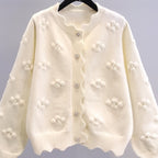 Women's Fashion Knit Cardigan, Round Neck, Embellished 3D Floral, Long Sleeve, Wavy Hem, Solid Color, Polyester, Regular Length, Button Detail, Elegant Style, Autumn\u002FWinter Season