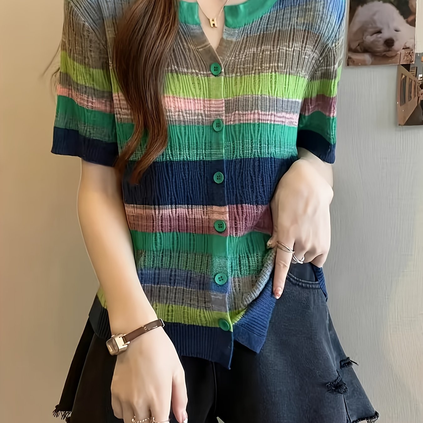 Women's Elegant Rainbow Striped Short Sleeve Cardigan - Breathable Top with Color-Blocking Design, Machine Washable Spring Casual Shirt for Layering, Seasonal Fashion, Colorblock Pattern, Quality Stitching, Buttonup Sweater, Fashion Lovers