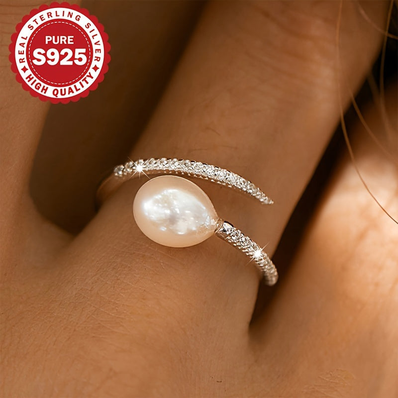 1 Adjustable Freshwater Freshwater Pearls Open Ring, S925 Sterling Silvery Oval Flawless Adjustable Open U-Shaped Ring, Hypoallergenic 2.4g, Suitable for Multiple Occasions