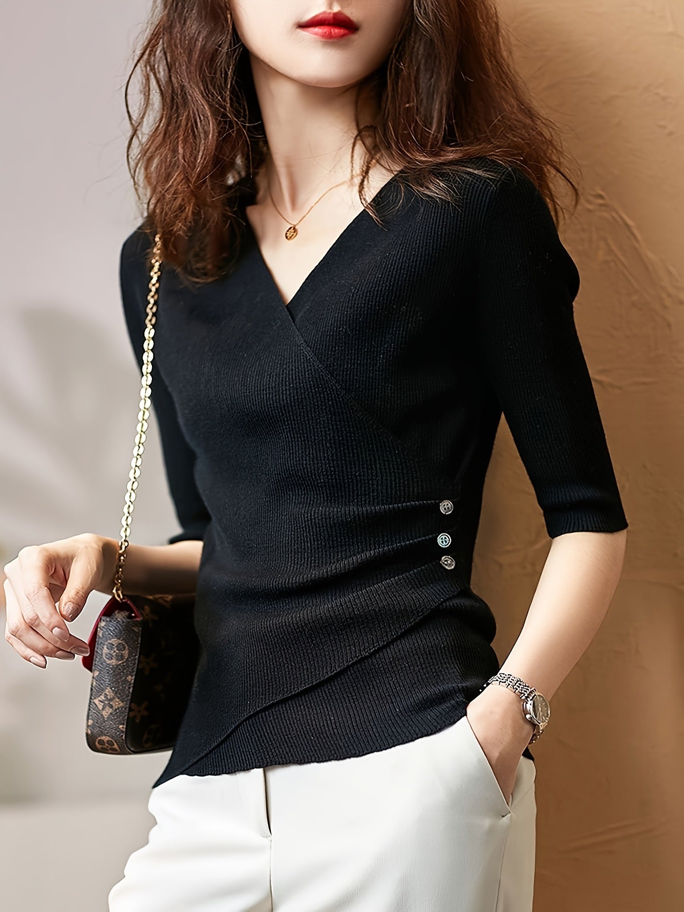 Elegant V-Neck Top for Women - Chic Half Sleeve Sweater Blouse with Fake Buttons, Ribbed Texture, Perfect for Spring\u002FSummer Casual Wear, Elegant Attire | Stylish Ribbed | Construction