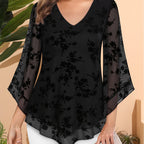 Women's Floral Print V-Neck Blouse with 3\u002F4 Flared Sleeves - Double-Layer Elastic Mesh, Loose Fit Flowy Tunic Top for Casual & Work, Spring\u002FSummer Semi-Sheer Shirt, Ladies Blouses