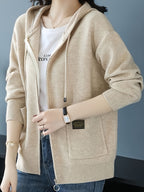 Women's Beige Hooded Cardigan Sweater - Slim Fit Zip-Up Front with Open Collar, Long Sleeve Ribbed & Side Pockets for Spring\u002FFall Transitional Weather, Casual to Professional Outfits, Sweater Cardigan, Casual Attire, Fitted Fashion, Textured Fabric