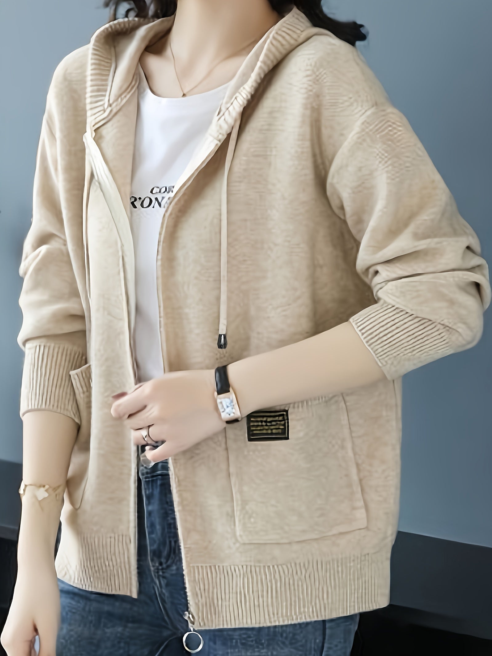Women's Beige Hooded Cardigan Sweater - Slim Fit Zip-Up Front with Open Collar, Long Sleeve Ribbed & Side Pockets for Spring\u002FFall Transitional Weather, Casual to Professional Outfits, Sweater Cardigan, Casual Attire, Fitted Fashion, Textured Fabric