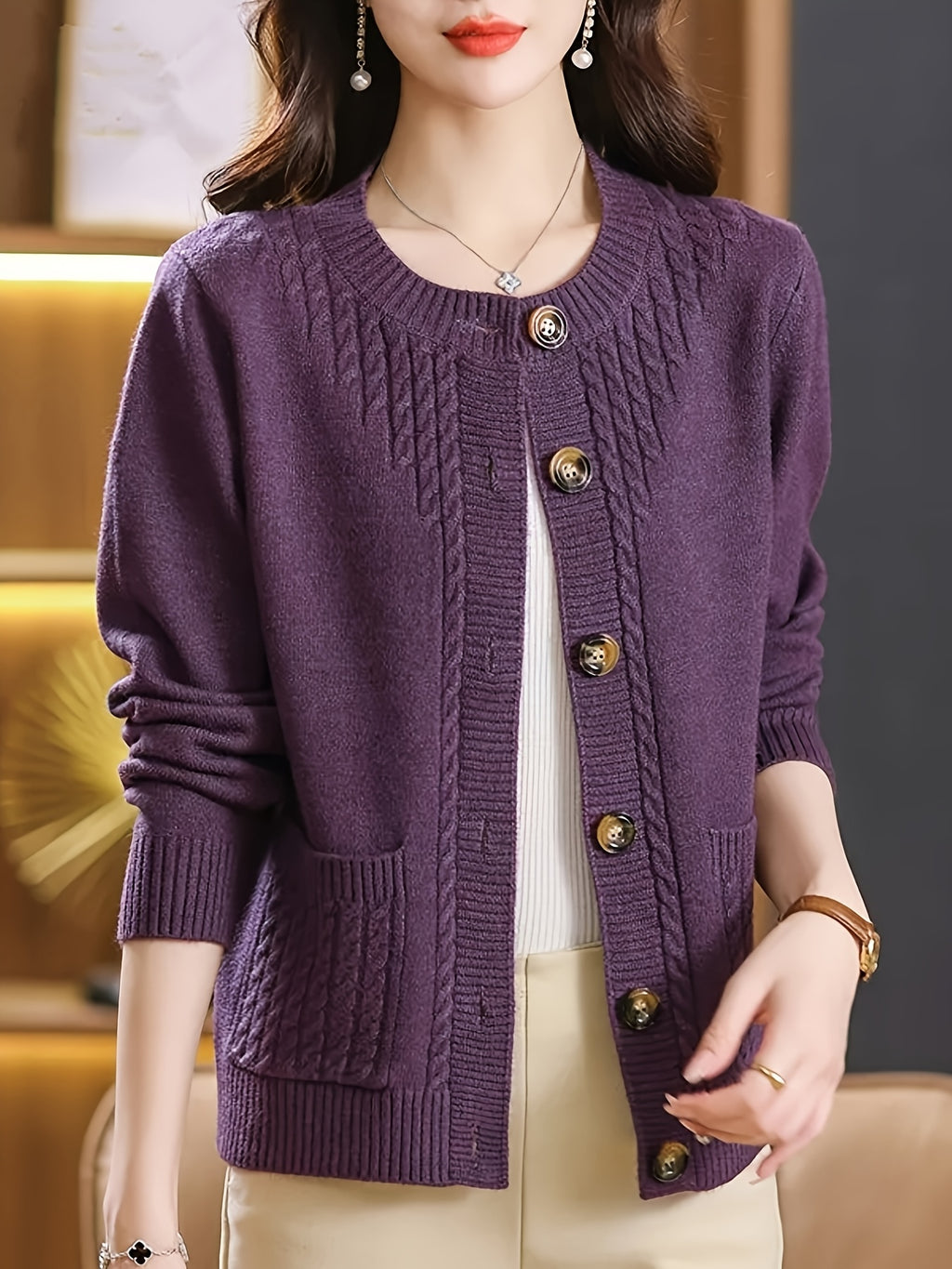 New Spring Collection for Women: a Loose-Fitting, Versatile Cardigan with a Round Neck, Solid Color, And Unique Design, Featuring Long Sleeves.