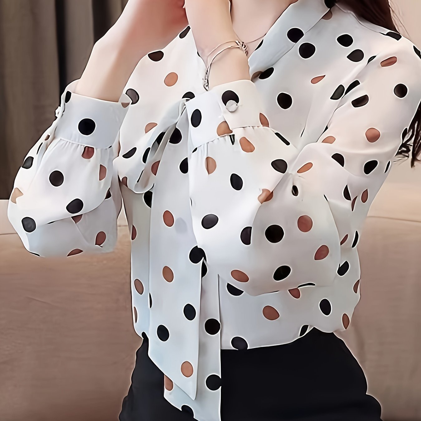 Women's Lightweight Polka Dot Print Long Sleeve Shirt - Semi-Sheer Loose Fit Blouse with Bow Tie Collar, Machine Washable Spring Summer Office Casual Top, Casual Attire, Fashionforward Look, Elegant Design