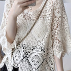 Elegant Crochet Hollow-Out Knit Top - Breathable Cotton Blend, Semi-Sheer, Round Neck - Perfect for Spring & Summer
